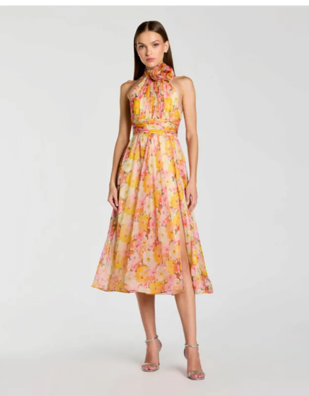 Floral Halter Neck Midi Dress With 3d Flower
