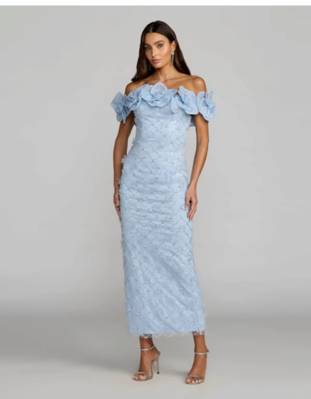 Off The Shoulder Embellished Dress With 3d Flower Detail