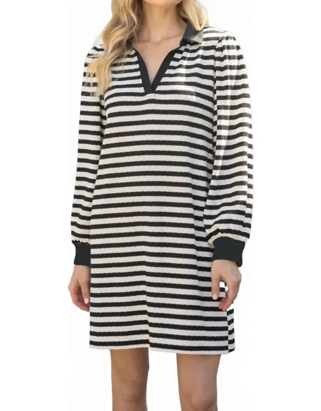Collared Long Sleeve Striped Knit Dress