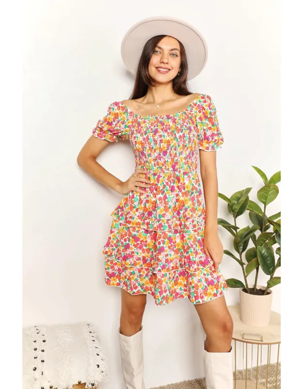 Smocked Sweetheart Neck Flounce Sleeve Mini Dress