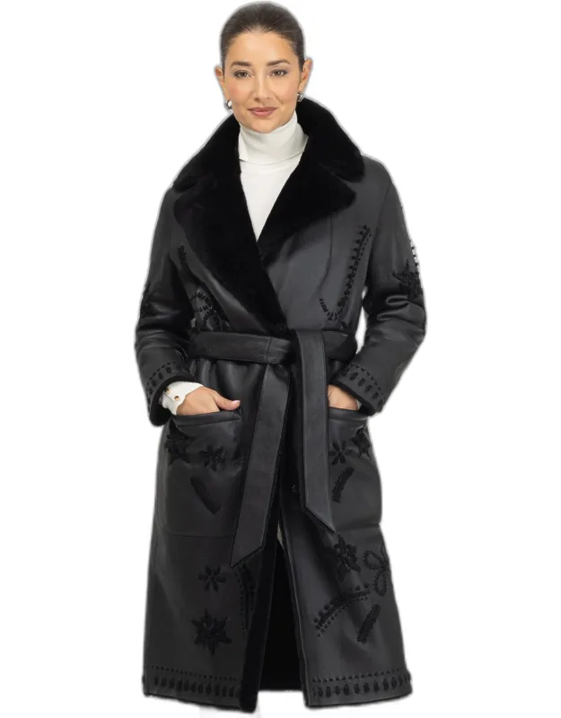 Merino Shearling Lamb Short Coat With Embroidery And Belt