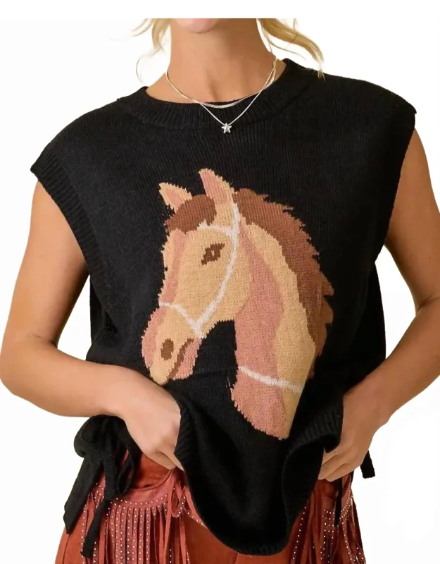 Western Horse Sleeveless Sweater Knit Top