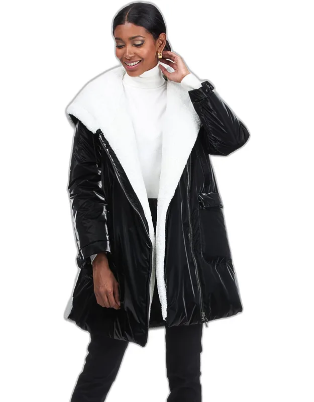 Asymmetric Quilted Parka With Shearling Lamb Trim