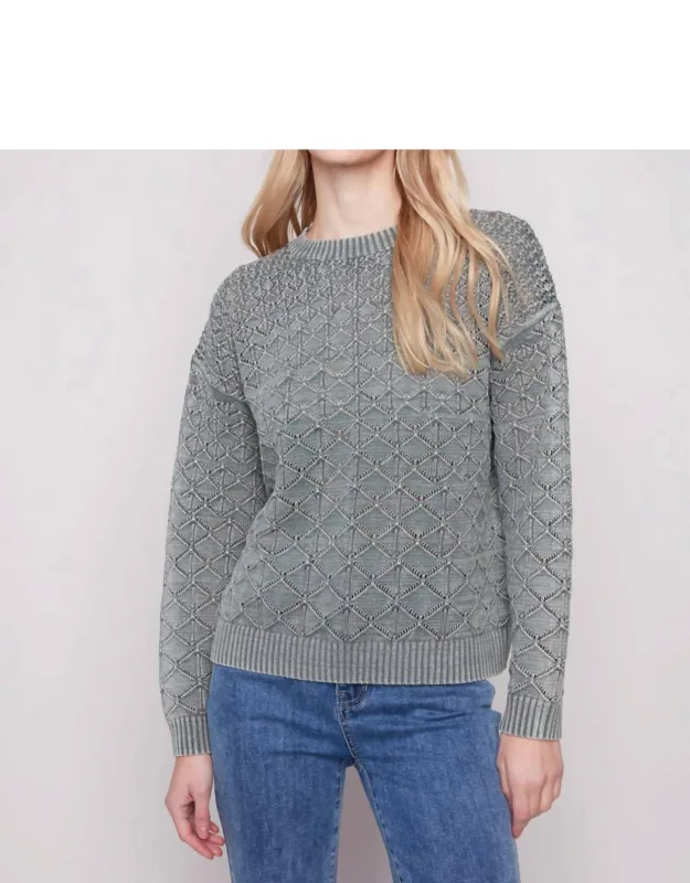 Cotton Blend Pointelle Crew Neck Sweater