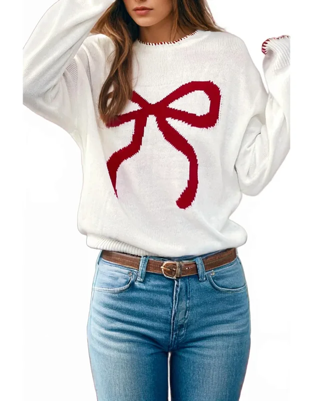 Bow Pattern Contrast Trim Christmas Sweater