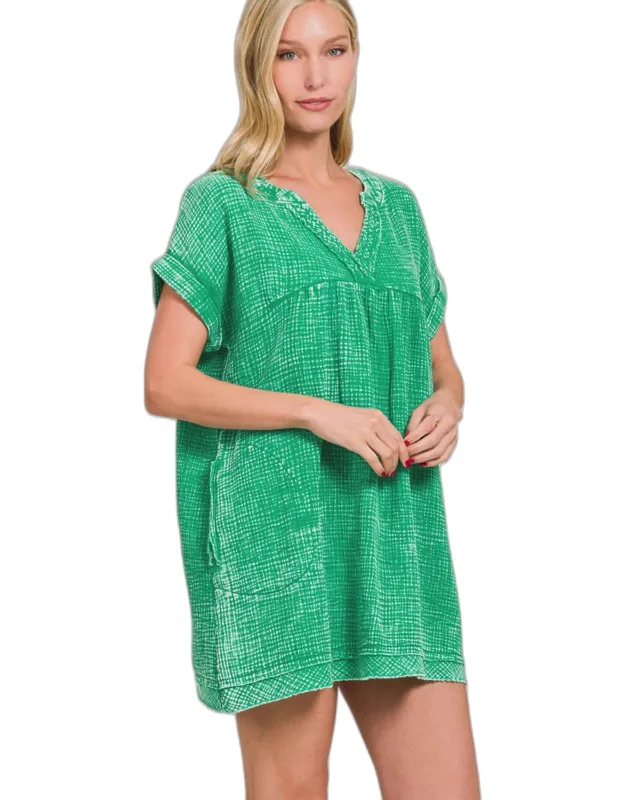Notched Short Sleeve Mini Dress