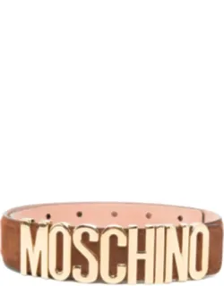 Suede-textured Belt With Gold-tone Logo Buckle