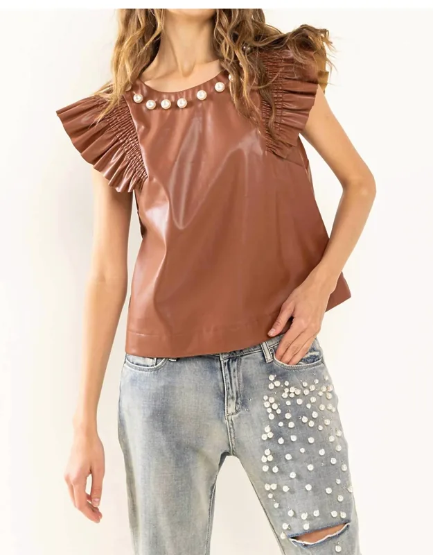 Smocked Ruffled Shoulder Pearl Detail Top