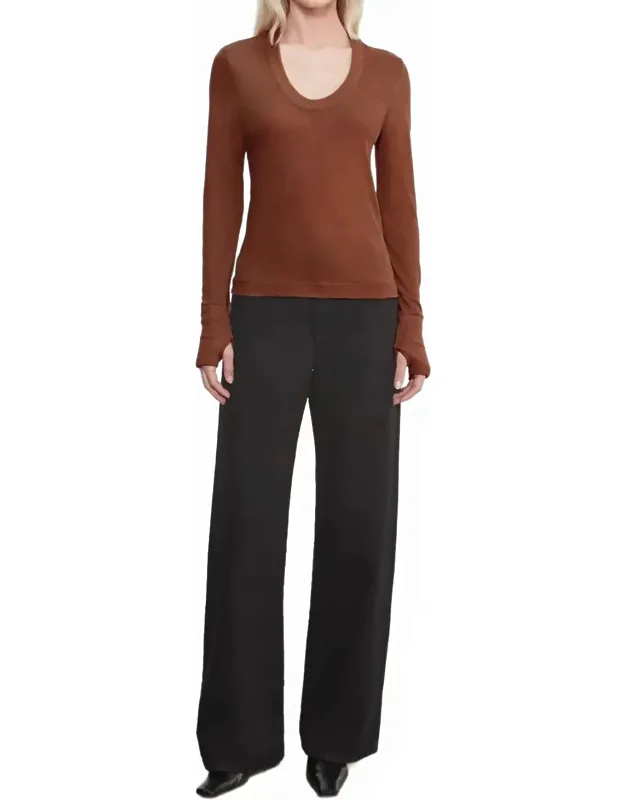 Cashmere Loose-fitting Round Neck Top With Turned-up Hem