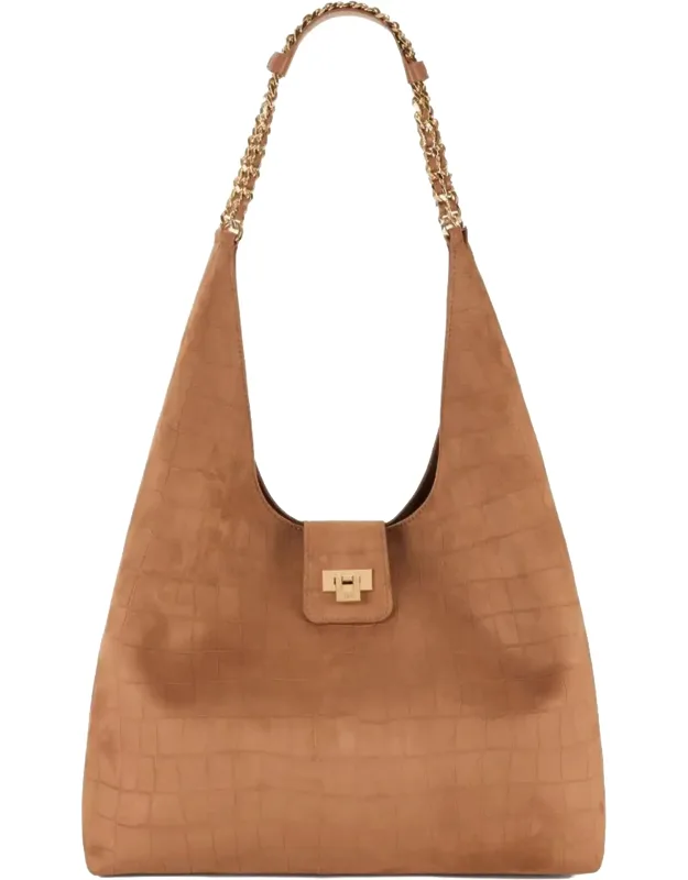 Suede Hobo Bag With Crocodile Embossing And Chain Detail