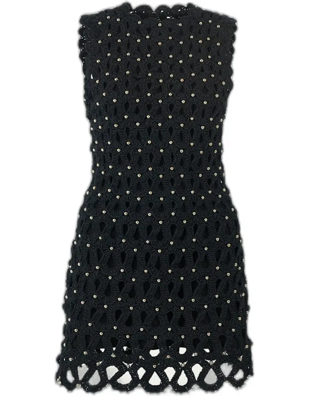 Embellished Crochet Knit Sleeveless Mini Dress