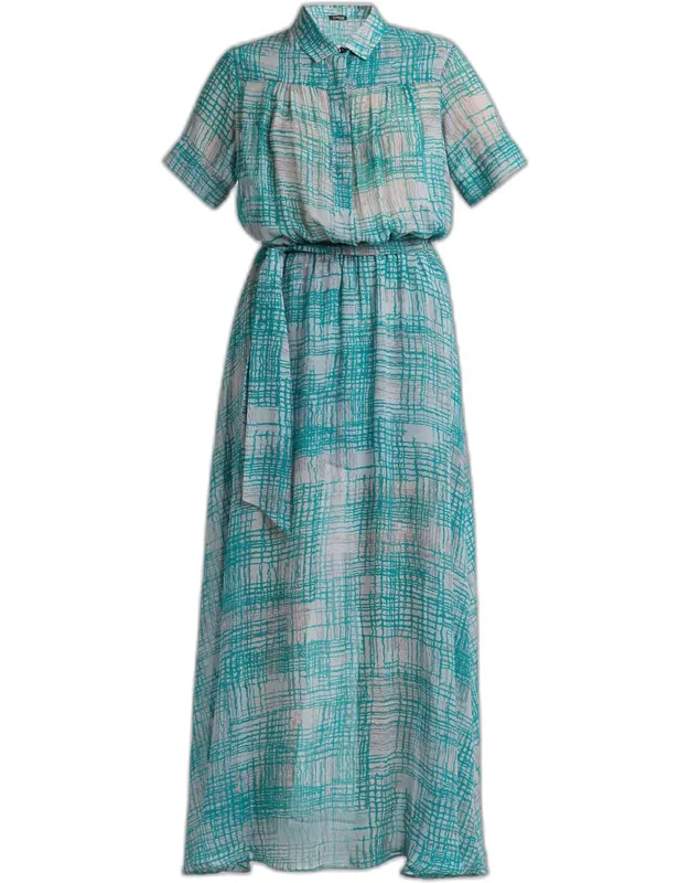 Check Silk Georgette Maxi Shirtdress