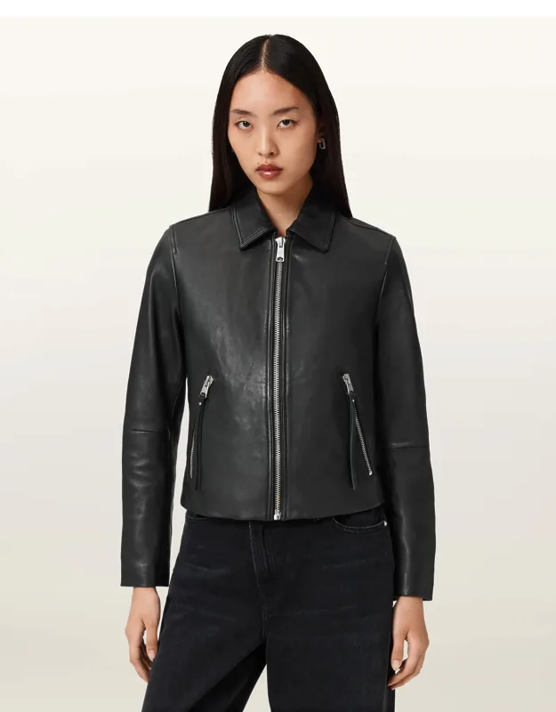 Danbury Leather Biker Jacket With Zip Closure And Two Lower Zip Pockets