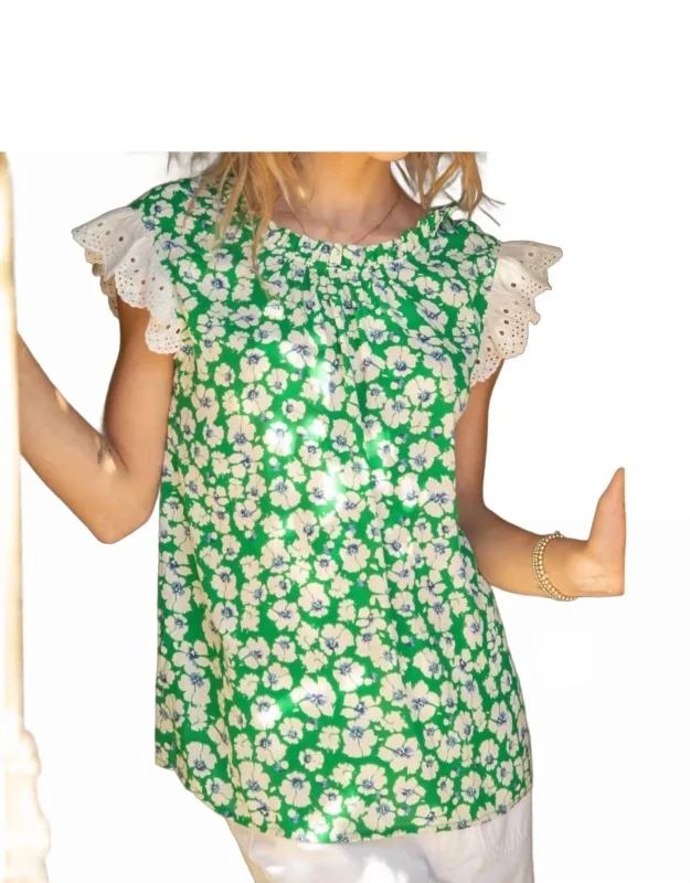 Eyelet Ruffle Sleeve Print Top