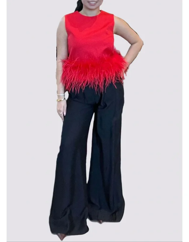 Cotton Blended Sleeveless Top With Ostrich Feather Trim
