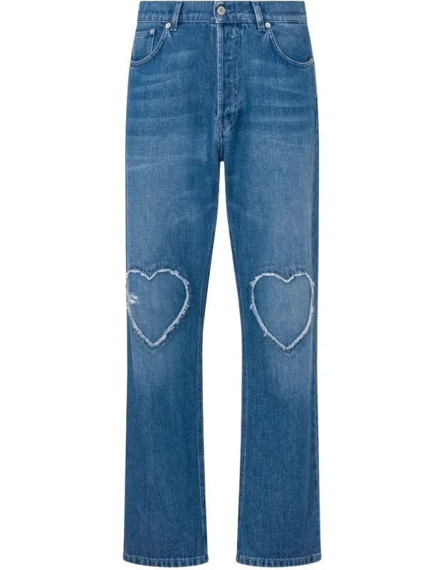 Frayed Heart-shaped Patch Straight-leg Jeans