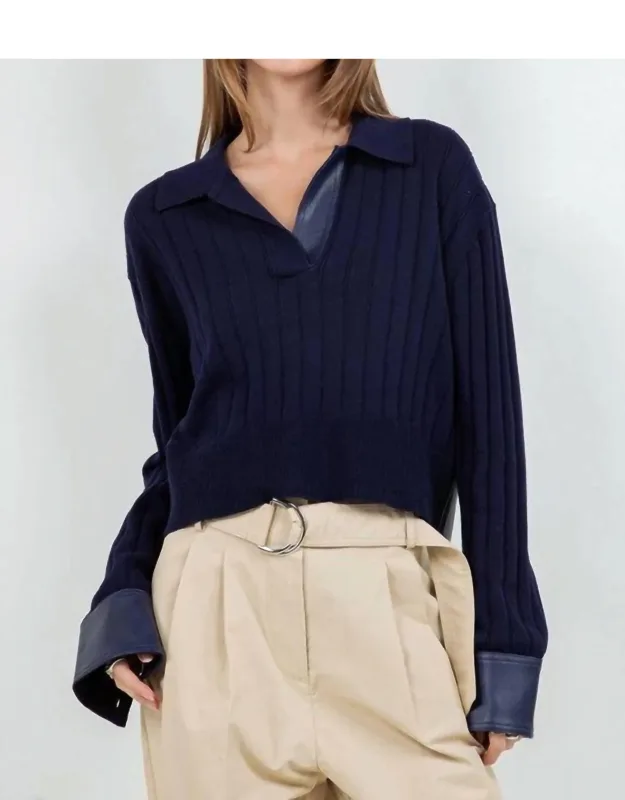 Faux Leather Knitted Long Sleeve Sweater