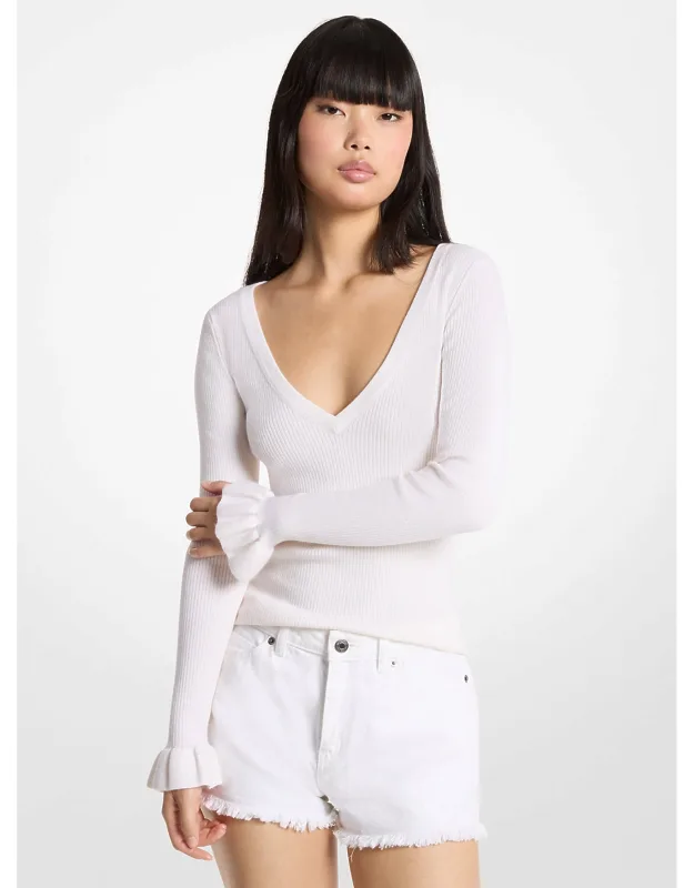 Ribbed Wool Blend V-neck Sweater