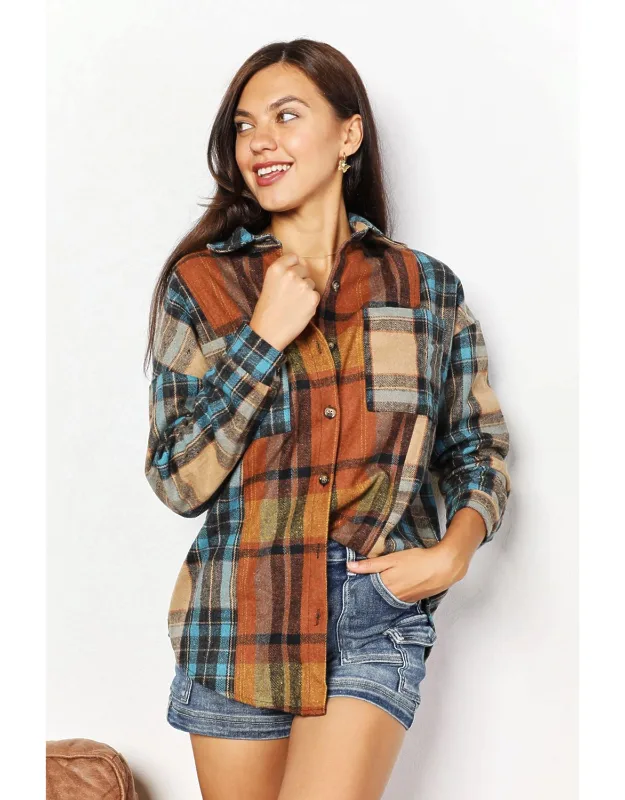 Plaid Curved Hem Shirt Jacket With Breast Pockets