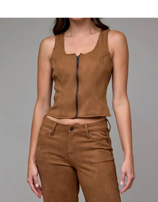 Suede Bodycon Front Zipper Top