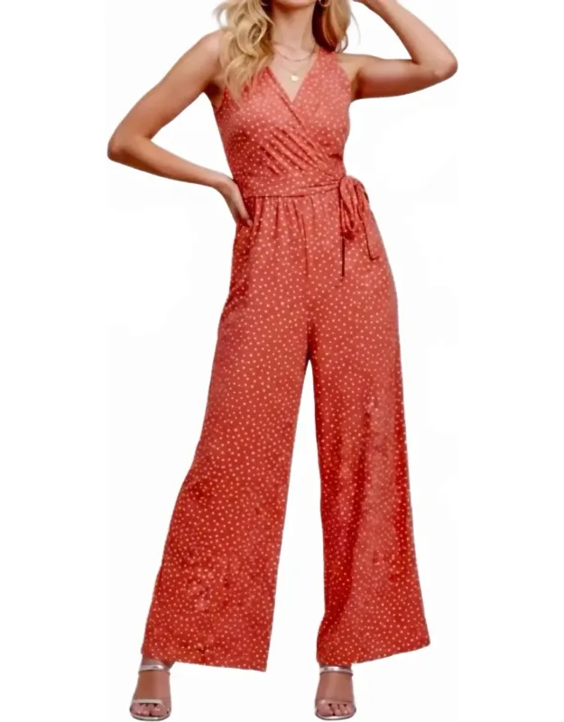 Polka Dot Wide Leg V-neck Jumpsuit