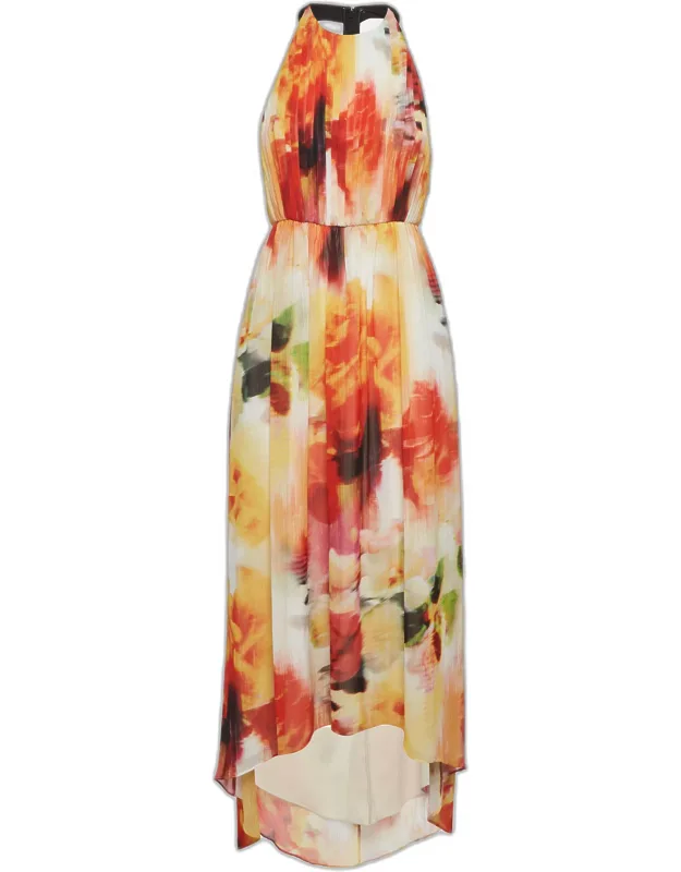 Chiffon Leather Trim Maxi Dress