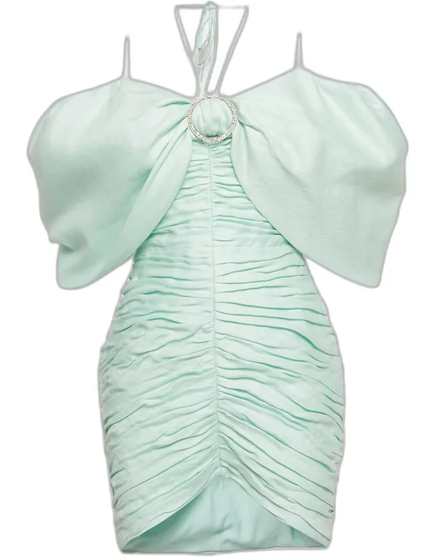 Light Green Linen Blend Ruched Off Shoulder Dress
