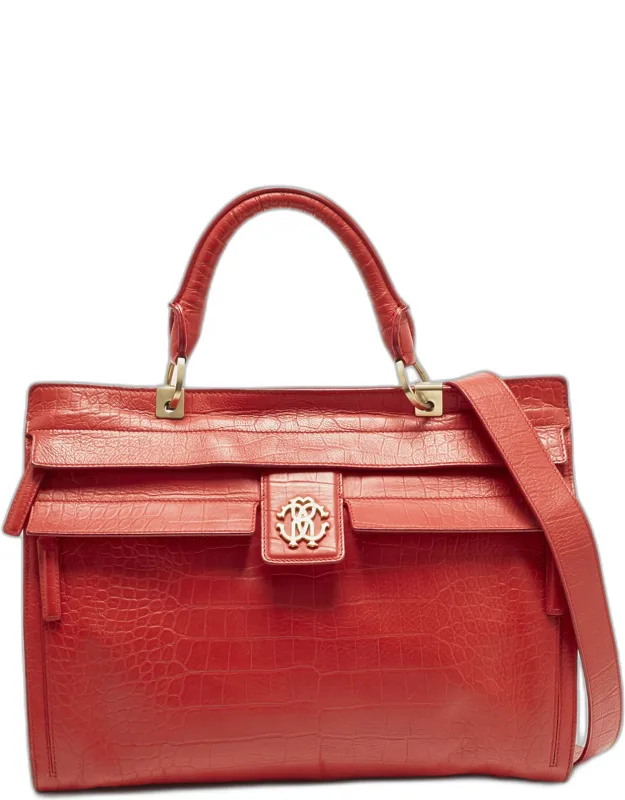 Croc Embossed Leather Top Handle Bag