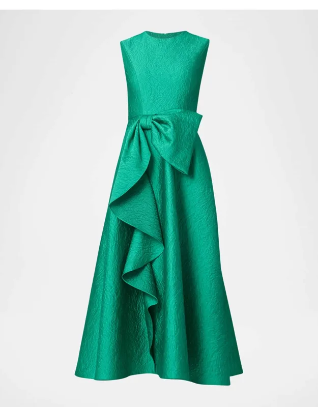 Sleeveless Bow Draped Jacquard Midi Dress