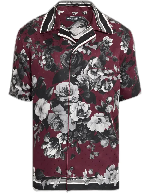 Silk Twill Floral Polka Dot Short-sleeve Shirt