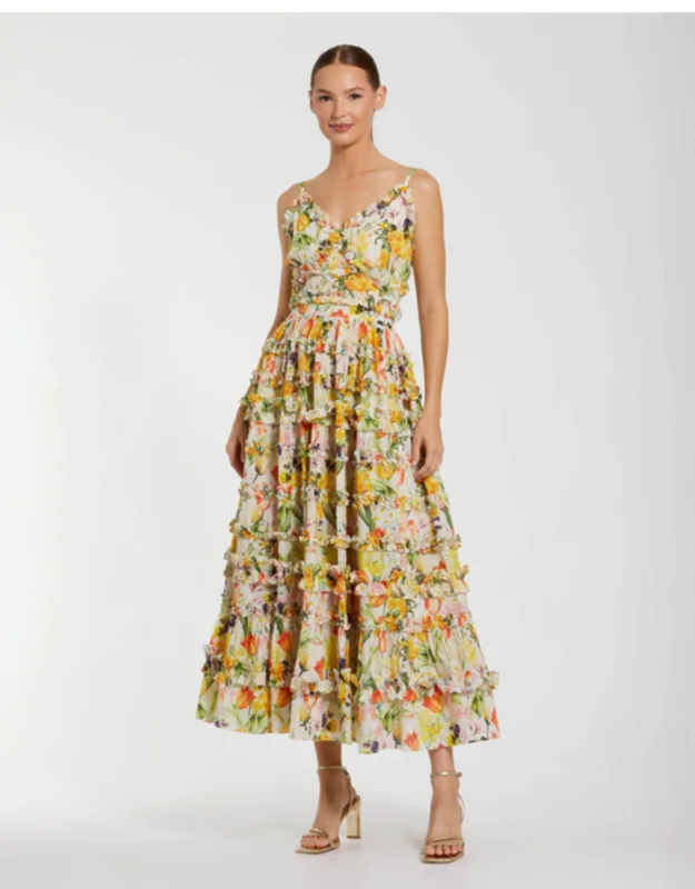 Floral Printed Micro Ruffle Cotton Midi Dress