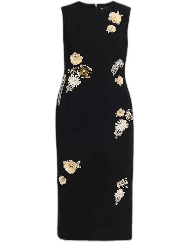 Crystal Embroidered Tweed Sleeveless Midi Cocktail Dress