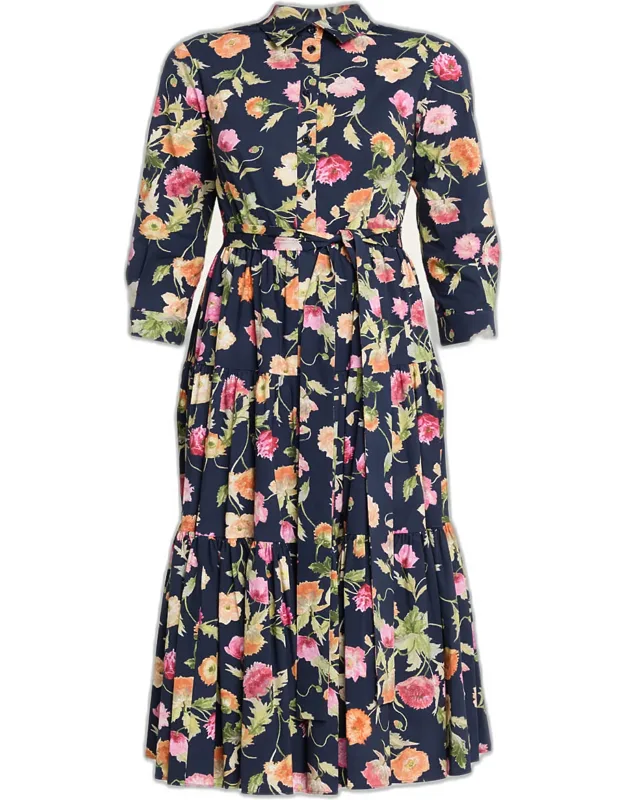 Belted 3/4-sleeve Floral Cotton Midi Dress