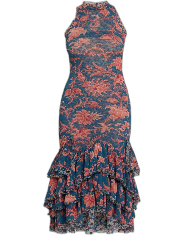 Floral Stretch Tulle Ruffle Mermaid Midi Dress