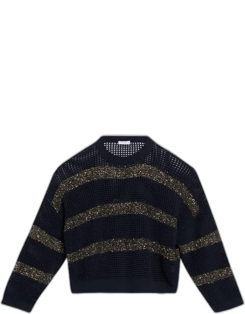 Striped Open-knit Crewneck Sweater