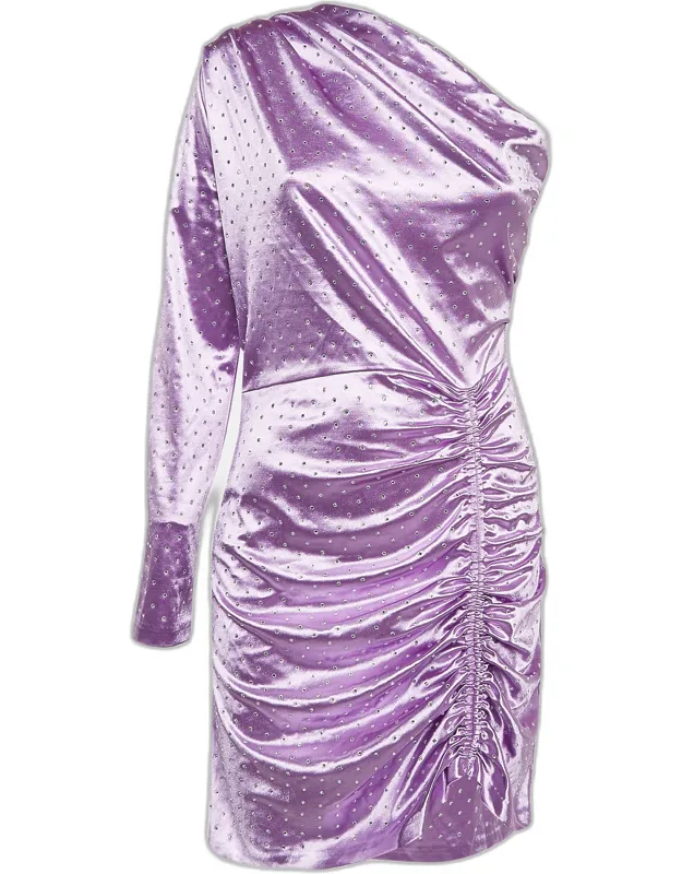Rhinestone Embellished Stretch Satin Asymmetric Mini Dress