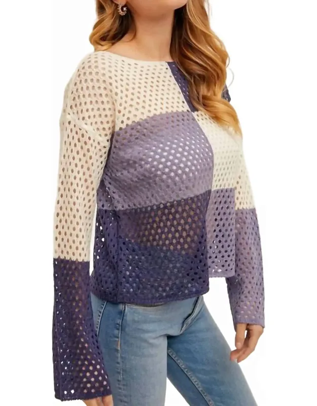 Color Block Fishnet Boat Neck Sweater