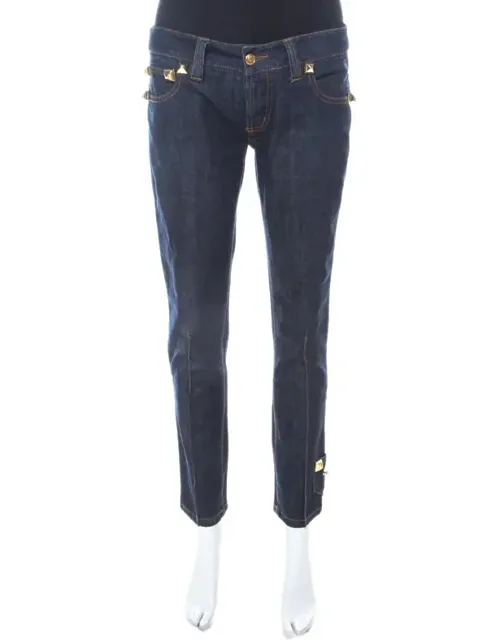 Limited Edition Indigo Denim Rockstud Embellished Fitted Jeans
