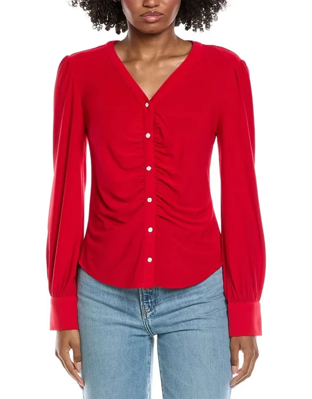 V-neck Button Down Shirred Blouse