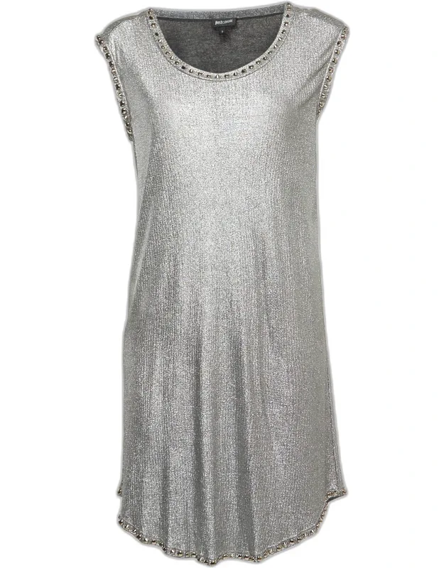 Metallic Silver Lamé Jersey Metal Embellished Mini Dress