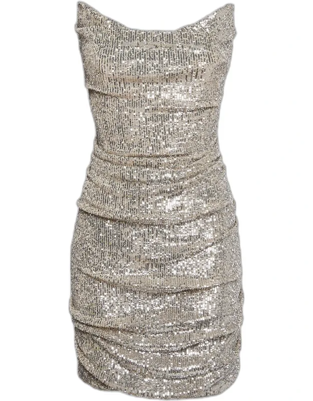 Silver Sequin Ruche Strapless Mini Dress