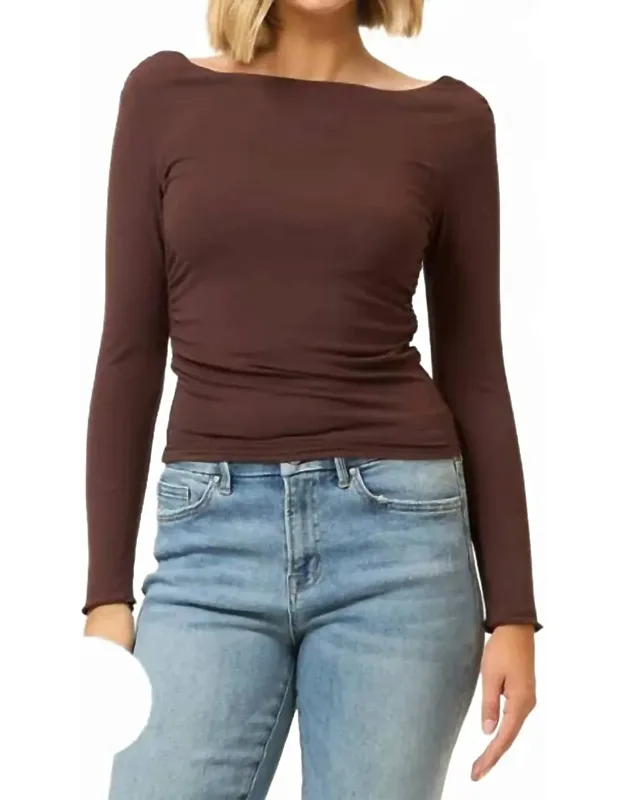 Ruched Boatneck Drop Shoulder Long Sleeve Top