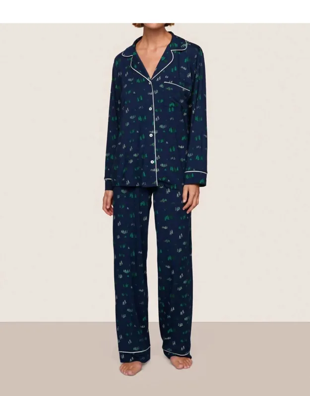 Gisele Pine Tree Print Long Pajama Set In Navy