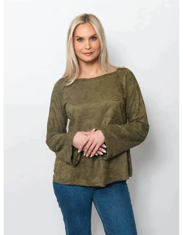 Embroidered Scoop Neck Suede Top