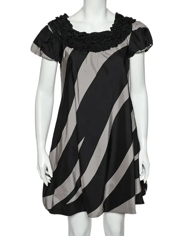 Monochrome Striped Silk Ruffled Neck Detail Mini Dress
