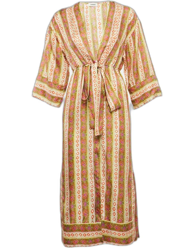 Multicolor Floral Striped Silk Kaftan Dress