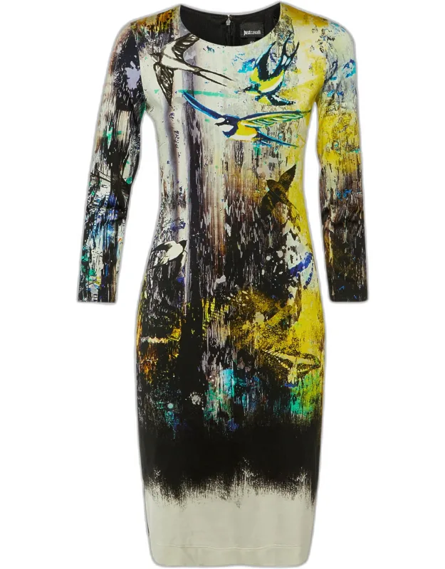 Multicolor Bird Print Jersey Sheath Dress