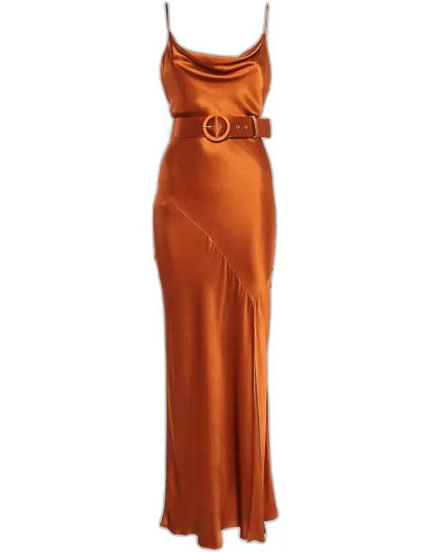 Satin Cowl Neck Belted Maxi Slip Dress