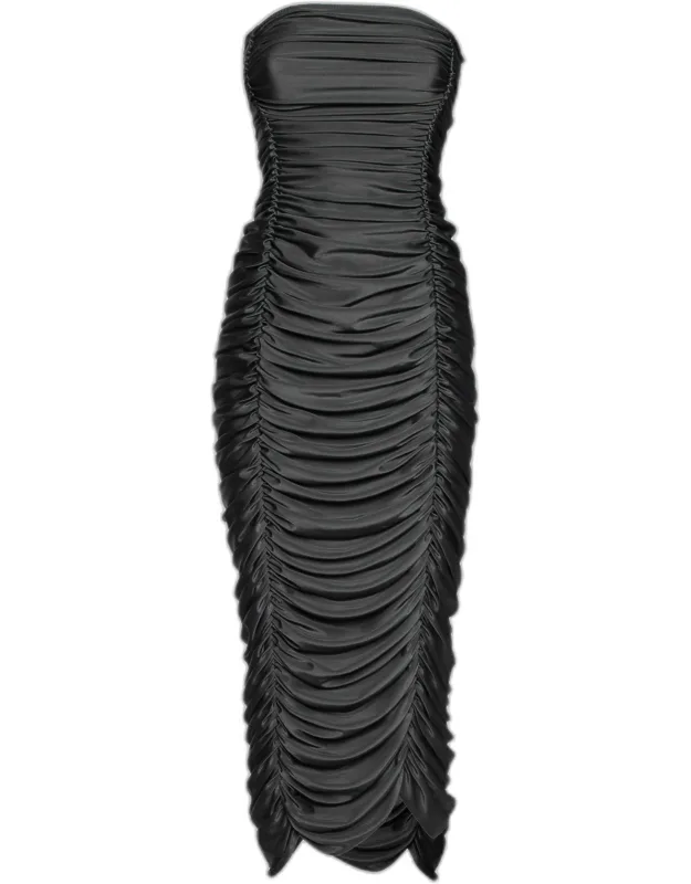 Stretch Knit Ruched Strapless Midi Dress