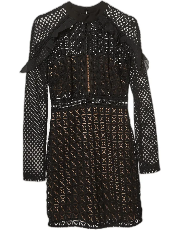 Geometric Pattern Lace Ruffled Mini Dress